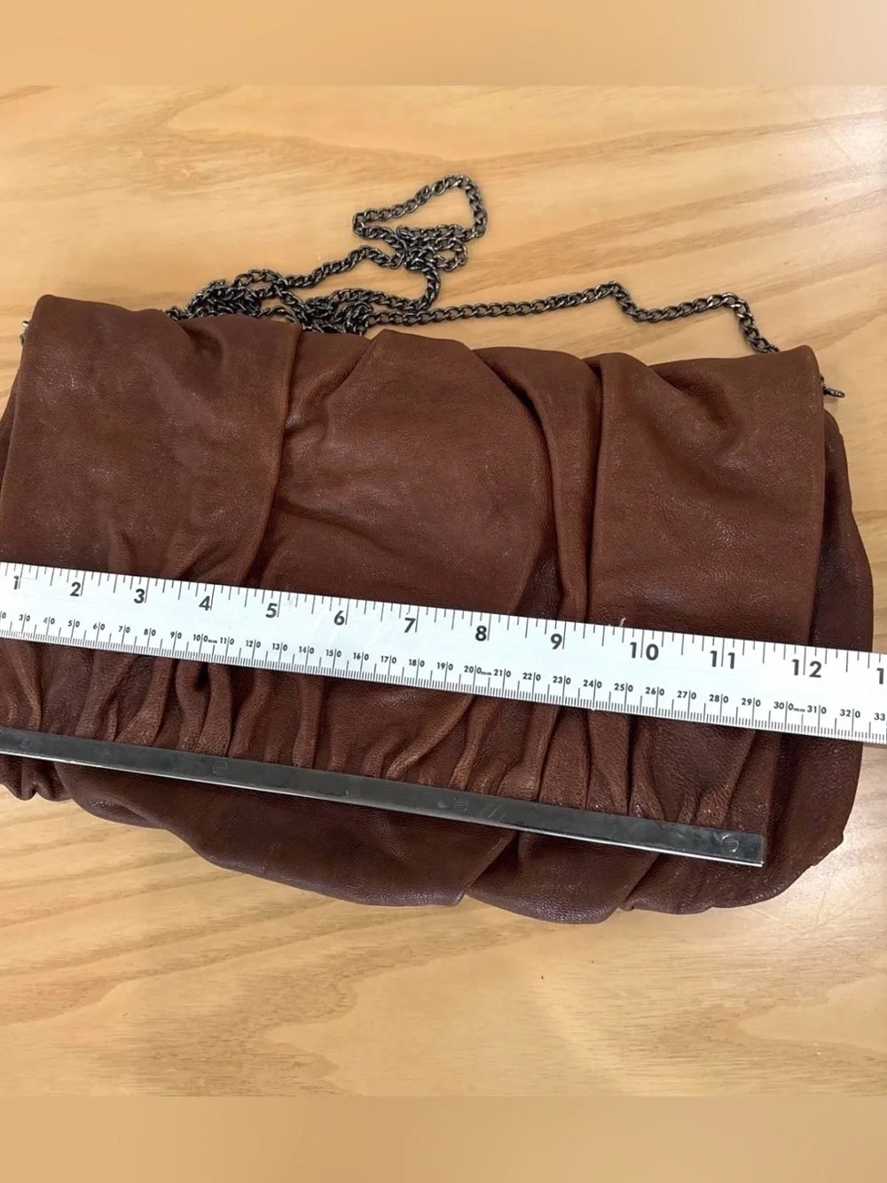 Malababa Brown Ruched Leather Frame Clutch Chain Crossbody Bag